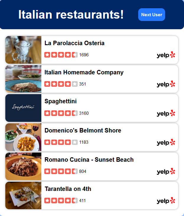 Screen capture of eat here app